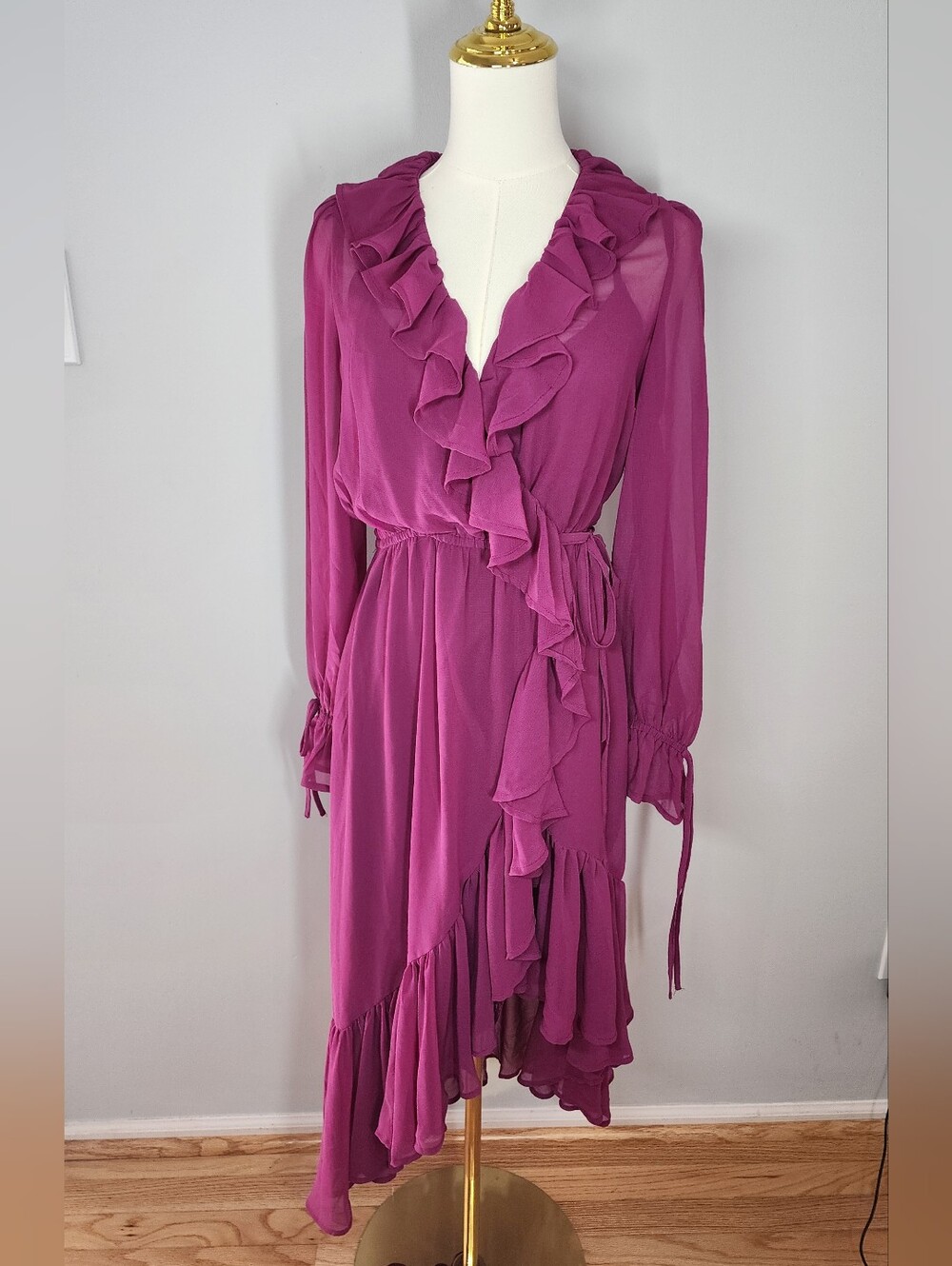 Anthropologie Ruffle Asymmetrical Midi Dress Chiffon Purple Sheer Size S